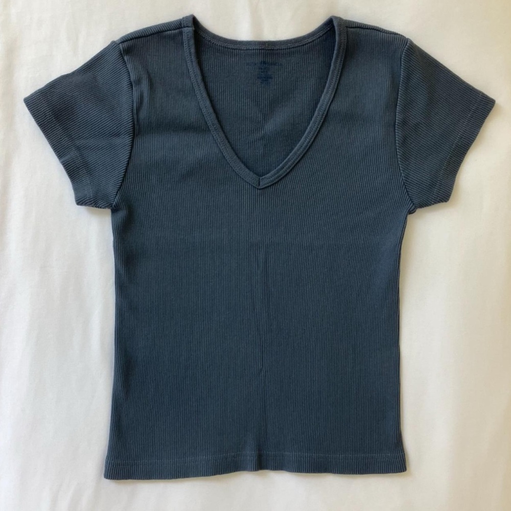 V-Neck Ribbed Knit Top - Navy from Brandy Melville
